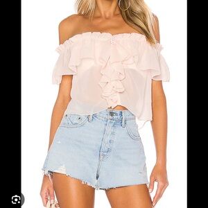 House of Harlow 1960 Pale Blush Off-Shoulder Ruffle Crop Top